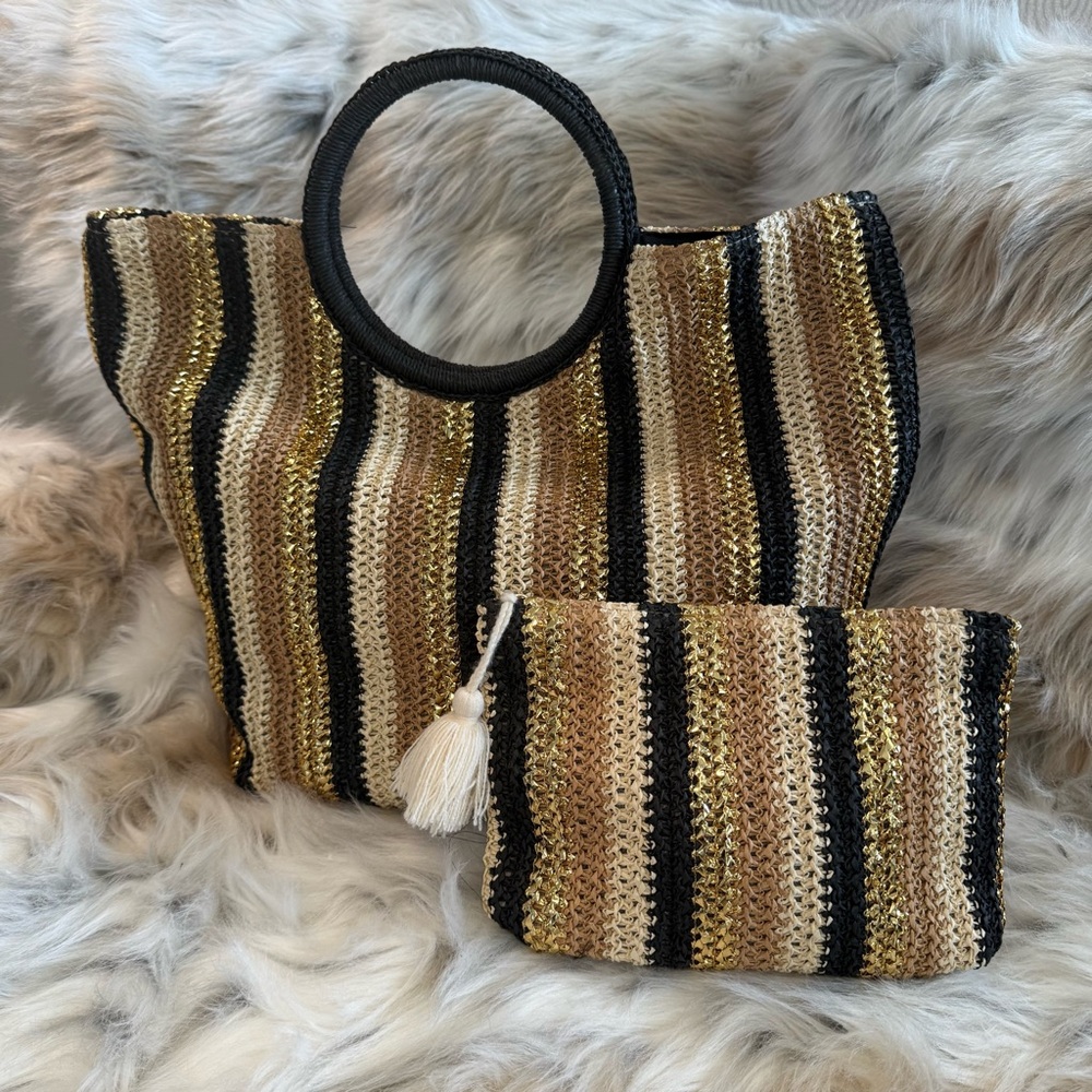Stylish Raffia Beach Tote + Pouch Set